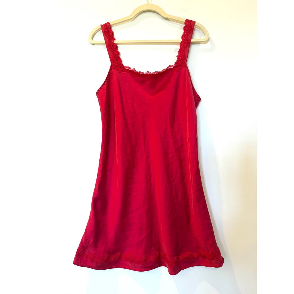 Vtg 100% silk red slip chemise lace large cottagecore lingerie sexy